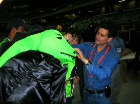 Dean Kamen signing MOEzilla drape.